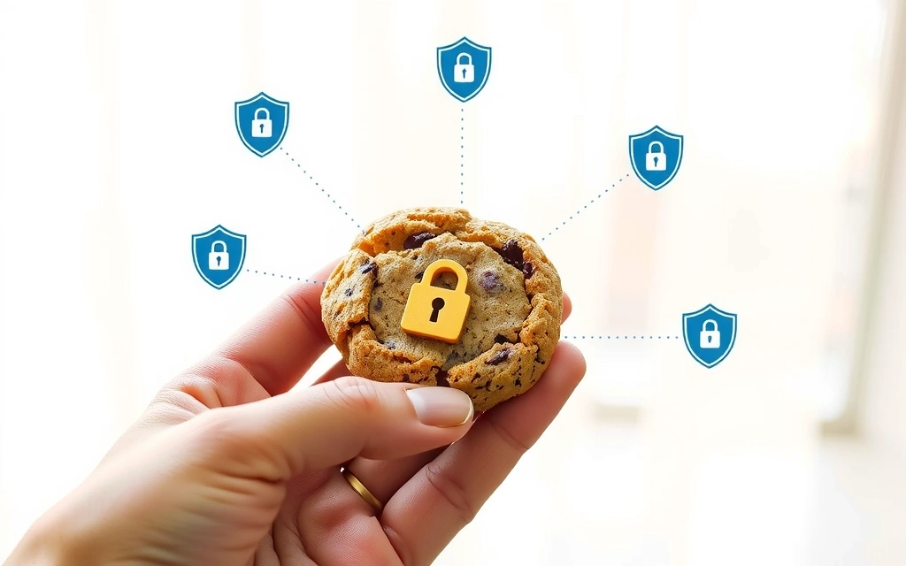 Una mano che tiene un biscotto digitale con icone di privacy