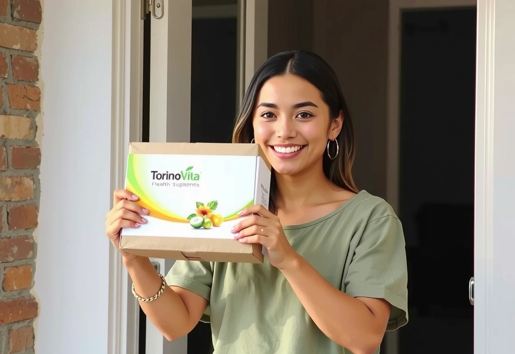 Donna sorridente che riceve un pacco di prodotti Torinovitacz